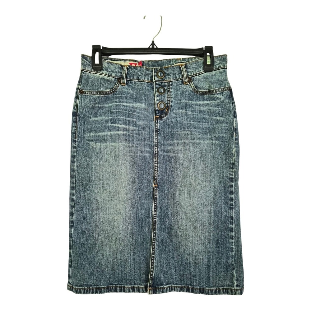 Vintage Y2K Guess Jeans Denim Midi Skirt Snap Front Front Slit Stretch Size 28